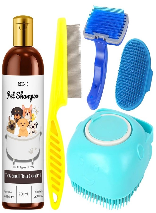 مجموعة ريجيس للعناية بالحيوانات الأليفة مع شامبو، مجموعة من 5 قطع، شامبو لمكافحة القراد والبراغيث 200 مل، فرشاة للكلاب، مشط للبراغيث، فرشاة تنظيف ذاتية، فرشاة استحمام للحيوانات الأليفة (عبوة من 5 قطع) - Image 1